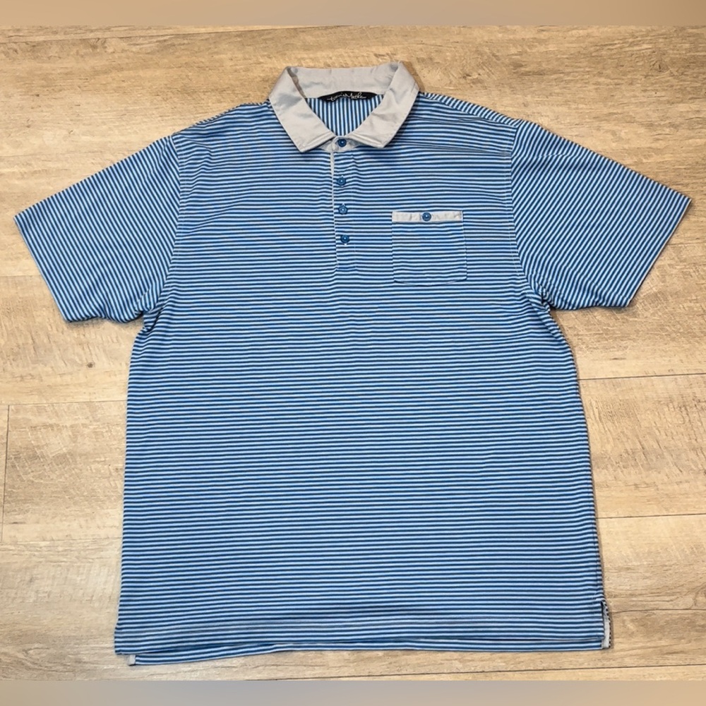 Travis Mathew Blue/Gray Striped Short Sleeve Polo Shirt Size XL